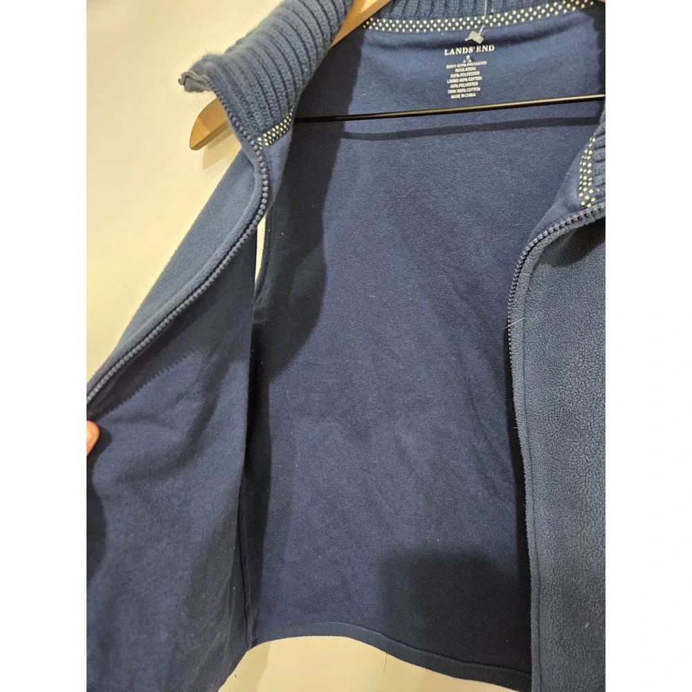 Lands End Womens Blue Fleece Vest Ribbed Knit Portrait Collar Full Zip Small 6-8